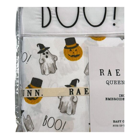 Rae Dunn Queen Sheet Set BOO Halloween Ghost Pumpkins Goth Witchy Decor NEW 2024 - Picture 2 of 8